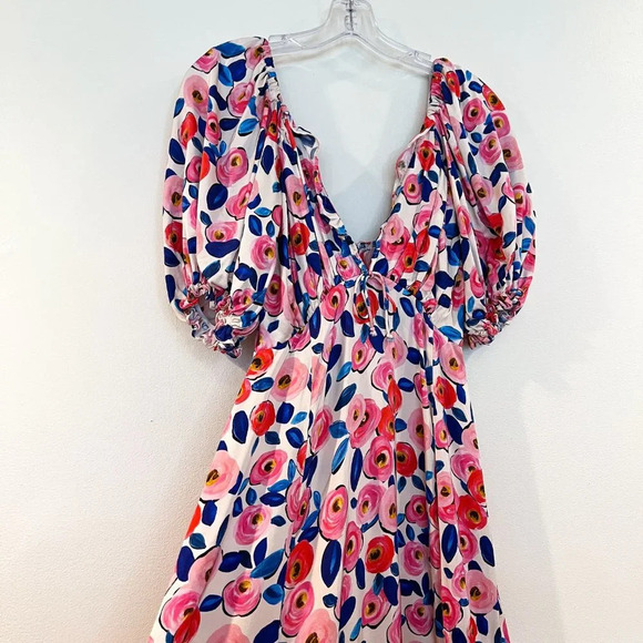For Love & Lemons Colorful Floral Rose Print Romantic V Neck Ruffled Maxi Dress - Picture 2 of 13